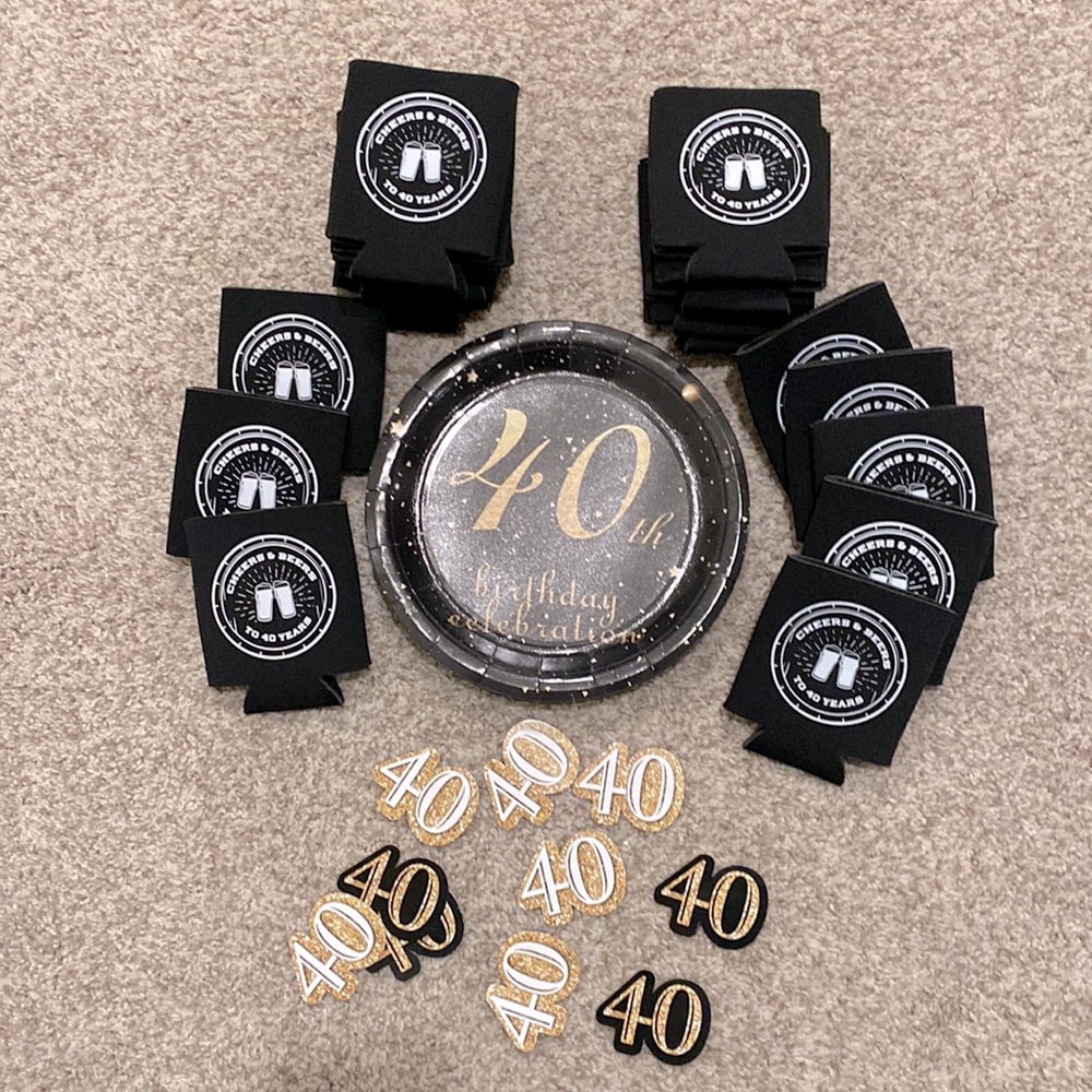 40th birthday party supplies banner Plates, drink Koozis, & 40 decorations